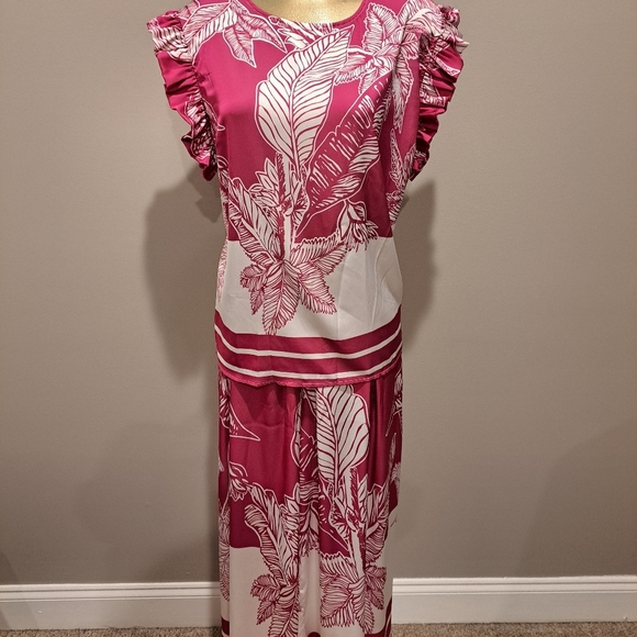 Ador Pink & White Tropical Print Two Piece Top and Pants Set - Picture 2 of 9